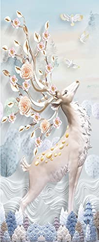 A.Monamour Türtapete Selbstklebend Türfolie Türposter 3D Hirsch Mit Blühenden Hörnern Vögel Blumen Bäume Im Hintergrund Vinyl Folie Türdeko Tapete Wandbild Türaufkleber Türtattoo 85 x 200 cm