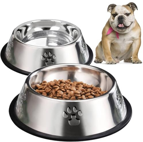 YUDANSI 2PC Paw Prints Stainless Steel Dog Bowls, 960ml Dog Feeding Bowls, Cat Plate Bowls with Rubber Bases, Small, Medium and Large Pet Feeder Bowls and Water Bowls