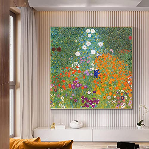 XIANGPEIFBH Blumengarten von Gustav Klimt Leinwand Gemälde Berühmte Kunstwerke Poster und Drucke Wandkunst Bild für Wohnzimmer Dekor 70x70cm (28x28in) mit Rahmen