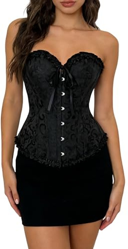 VicSec Damen Spitze Überbrust Korsett sexy Damen Corsage Vintage Gothic Bustiers KorsettsVollbrust mit Stahlstäbchen Bridal Wäsche Gothic Korsage Top Satin Bustier mit G-String S-3XL