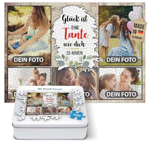 Foto-Puzzle mit 5 Fotos Bedrucken - Glück ist eine Tante wie Dich zu haben - Collagen-Puzzle selber gestalten für die Tante - 1000 Teile inkl. hochwertiger Metalldose