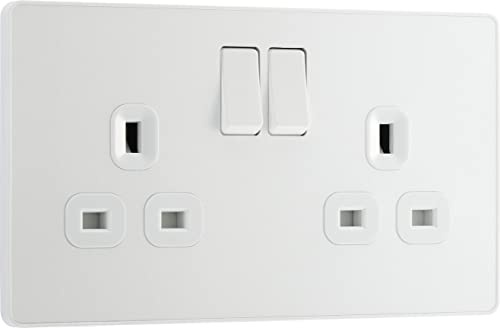 BG Electrical Double Switched Power Plug Wall Socket, Screwless, Evolve, Pearlescent White, 13A, PCDCL22W