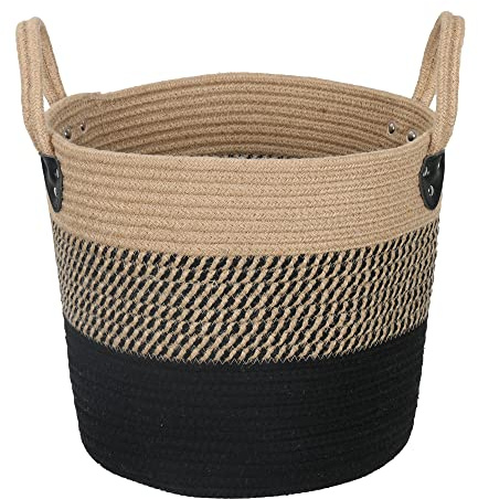 ZOES HOMEWARE 14x12 Natural Jute Rope Woven Storage Basket with Handles for Plant, Blankets,Toys - Living Room Home Decor,Multifunctional Basket for Organizer,Picnic,Artificial Tree Black and Beige