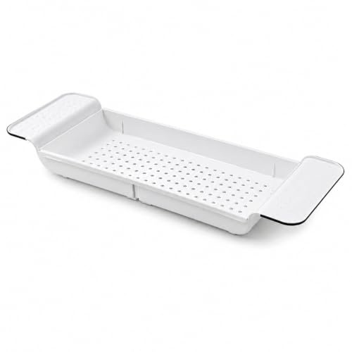 Extendable Bath Rack Tray, Adjustable Bathtub Caddy Organiser, Plastic Bathroom Storage Shelf with Drainage Holes, Bath Bridge for Soap, Sponge, Shampoo & Bath Accessories, White, Expandable L55-80cm