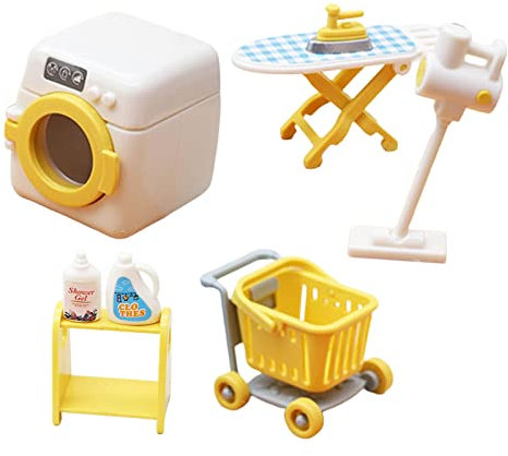 F Fityle 1/18 Dolllhouse Meubles de Buanderie Étagère Chariot Aspirateur Machine À Laver Fer À Repasser Miniature Dollhouse Décoration