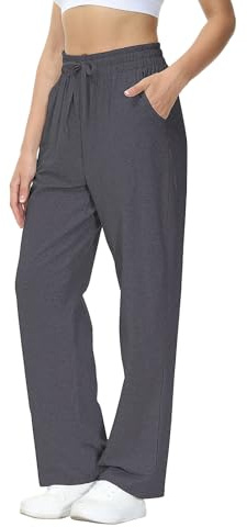 HMIYA Jogginghose Damen Baumwolle Freizeithose Lang offenem Boden Yogahose Sporthose Geradem Bein Hose mit Taschen(Dunkelgrau S/30L)