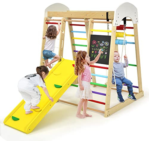 GYMAX Arrampicata per Bambini, Telaio in Legno Massiccio, Scivolo con 2 Lati, 8-in-1 Design per Divertimento, Vernice Sicure e Inodore, Centro Attività (Colorato, 124 x 119 x 138 cm)