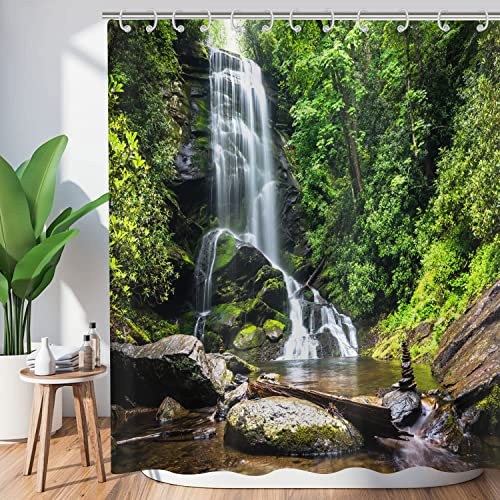 Hnmdmyi Duschvorhang Wald 180x200, Tropischer Dschungel Regenwald Grüner Baum Pflanze Natur Landschaft Wasserfall Szenerie Badewanne Vorhang Wasserdicht Polyester Stoff Waschbar Badevorhang mit Haken