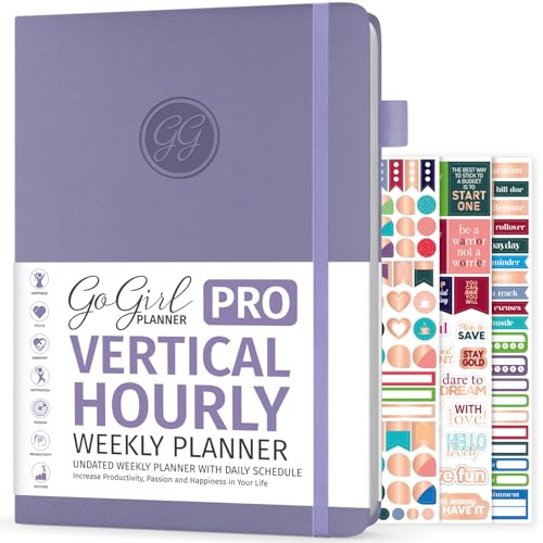 GoGirl Planer Pro Zeitplan – undatierter Planer mit stündlichen Zeitfächern, Monats-, Wochen- und Tagesplaner, Terminbuch für Zeitmanagement, 17,8 x 25,4 cm Hardcover (Lavendel, kleiner als A4 (17,8 x