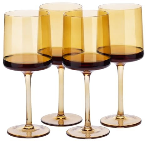 Navaris Copas de Vino cuadradas - Set de 4X Copa de Vino de Cristal - Copas Vino Blanco y Tinto - Juego de 4X Copas Vino Cristal Ambar