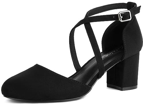 Greatonu Women's Black Low Block Heeled Dress Pumps Closed Round Toe Cross Strap Wedding Bridal Party Office Shoes Size 8