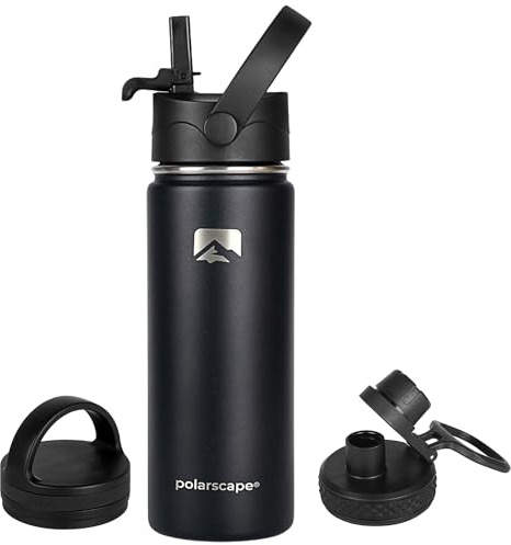 Polarscape Stainless Steel 500ml Insulated Water Bottle with Straw - Metal Water Bottle, Includes 3 Lids, 2 Straws, Straw Brush - Wide Mouth, Double-Walled, BPA Free, Leak Proof - 500ml Black