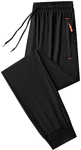 Jamron Herr Sommar Tunna Stretchiga Mjukisbyxor Joggingbyxor med Fickor med Dragkedja Lätta Casual Byxor Sluten Botten Svart & Orange S