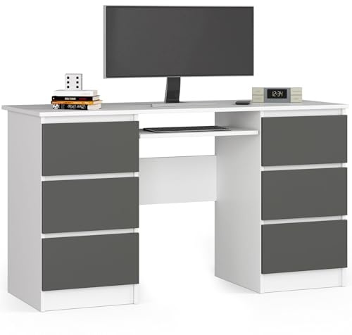 AKORD Schreibtisch A11 Klein 135 cm | 6 Schubladen | Office Desk | Computertisch | Bürotisch mit Tastaturablage | mit Schubladen | B135 x H77 x T50 cm | Gewicht 56,80 kg | Weiß/Graphitgrau