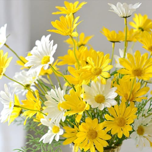 Artificial Flowers 10 Bundles Artificial Silk Daisy Fake Flowers UV Resistant Outdoor Fake Wildflowers with Stems Greenery Shrubs Plants Arrangements for Home Garden for Decoration (White and Yellow)