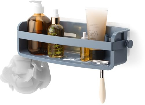 Umbra Flex Duschablage zum Kleben, Rostfreies Duschregal für Shampoo, Conditioner, Duschgel, Seife, Luffaschwamm, ohne Bohren, Rostfrei, Schieferblau