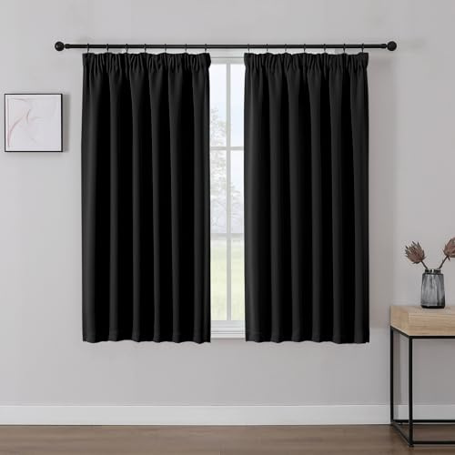 Joydeco Gardinen mit Kräuselband Vorhänge Blickdicht 2 Stück H 160 x B 132 cm Schienensystem Schwarz Verdunkelungsvorhang Thermovorhang Kälteschutz Schlafzimmer Blackout Curtains