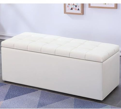 Luxuriöse Leder-Fußstütze, Sitzbank mit klappbarem Deckel, Aufbewahrung, Ende der Bettbank, Weiß (60 x 40 x 40 cm)