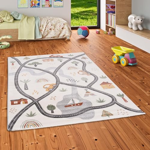 Pergamon Kinder Teppich Maui Kids Village Bunt - Weicher Spielteppich mit Dinosaurier-Motiven für Kinderzimmer & Spielzimmer, Pflegeleicht und Farbbrillant