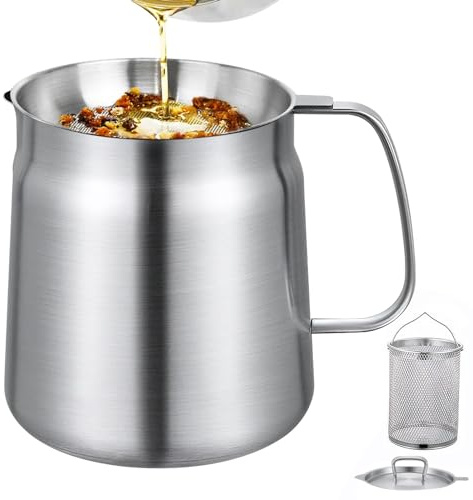 MIFXIN Olla de filtro de aceite de acero inoxidable 304 con cesta de filtro y malla, recipiente de grasa multifuncional para almacenar, freír y filtrar aceite de cocina, tapa a prueba de polvo