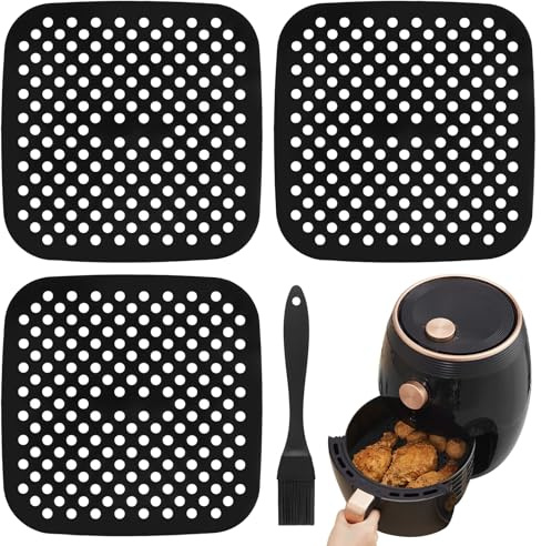 3 Piezas Alfombrilla Freidora Aire, 8.5in Alfombrilla Silicona Freidora Aire con Cepillo, Alfombrillas de Silicona Reutilizables Air Fryer Liner para Cocinar