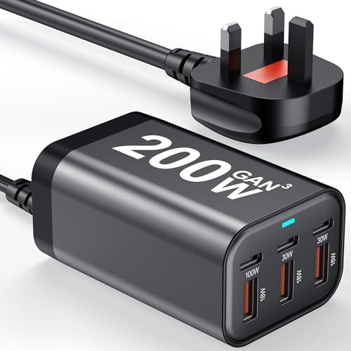 USB C Charger Block 200W Multi Port USB Fast Charging Station Hub GaN PPS PD 100W Type C Wall Charger Power Adapter for Multiple Laptop iPad iPhone 17 MacBook Galaxy S26 Android Pixel 65W 45W 30W 20W
