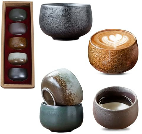 Set di 5 tazze da espresso in gres porcellanato, a parete spessa, da 100 ml, senza manico, in ceramica, ideali per moka, tè macchiato, regalo per donne e uomini