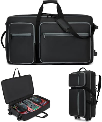 DJ Case with Wheels Compatible with DDJ FLX10/1000/1000SRT/REV7/REV5/SCLIVE 4,DJ Controller Case for Pioneer DJ Equipment,DJ Controller Bag with Multi-pocket for DJ Accessories,Soft DJ Backpack