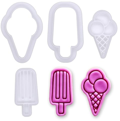 BAKERLOGY Frozen Treats Mini Cookie Cutter & Stamp Set (Ice Cream Cone & Ice Popsicle Designs) – Cute Summer Fondant Embossing Stamp Cutters for Party Baking, Cupcake Toppers & Sweet Dessert Treats