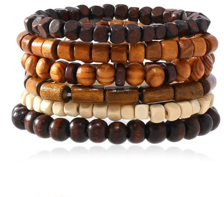 Agvdg 6Pcs Mens Beaded Bracelets – Wooden Bead Bracelet Set, Adjustable Elastic Multi-Layer Stackable Wristbands, Cuffs Gifts for Men Women (Light Brown)