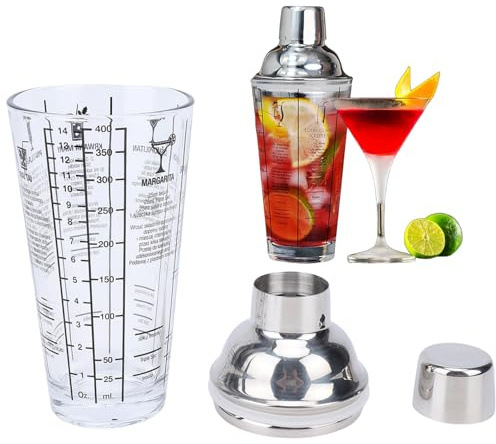 YUEHISY Glass Cocktail Shaker 14oz, Professional Drink Shaker, Built in Strainer Stainless, Steel Lid, Dual Scale Measurements, for Home Bar