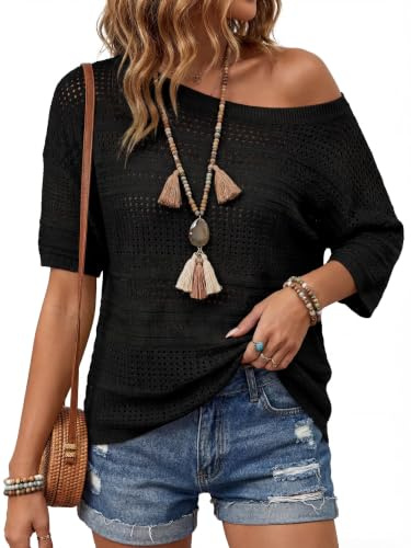 Arach&Cloz Womens 2026 Spring Summer Linen Blend Crochet Tops Beach Casual Short Sleeve Sweater Pullover Shirts Boho Resort Wear Vacation Cruise Outfits Lightweight Trendy Fashion Black M