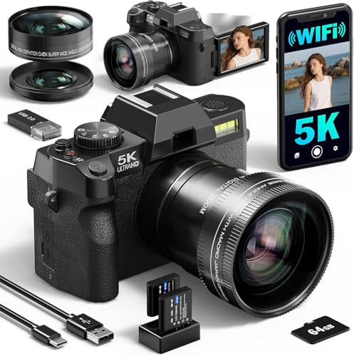 5K Digital Camera, 64MP/60FPS Cameras for Photography, Video/Vlogging Camera for Youtube, WiFi & App Control and Wide-Angle & Macro Lens, Perfect for Entry-Level Users and Beginners(64GB TF Card)