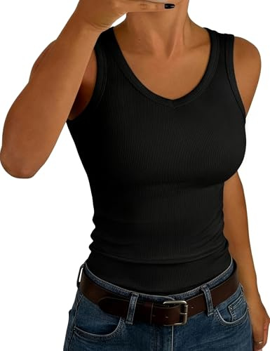 Aottori Camiseta de Tirantes Mujer para Verano Canalé Elástico con Cuello V | Punto Acanalado, Corte Ajustado, Estilo Casual, Forma de Túnica, para Uso Casual, Comodidad Flexible