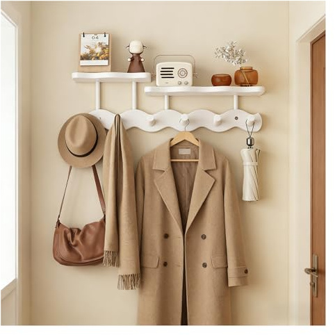 Wandgarderobe mit Ablage Weiß aus Bambus, Garderobenleiste Weiß 6 Haken, Wandregal im Wellen-Design, Schlüsselbrett & Handtuchhalter für Flur Bad Kinderzimmer