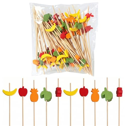 100 Piezas Palillos para Gildas y Aperitivos, Brochetas de Madera de 12cm con Diseños de Frutas para Decoración de Cócteles, Frutas, Ensaladas, Fiestas y Eventos Especiales