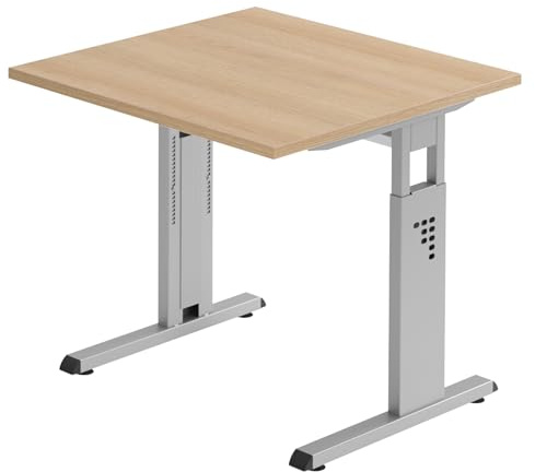 Bümö höhenverstellbarer Schreibtisch O-Serie 80x80 cm in Eiche, Gestell in Silber - PC Tisch klein für's Büro manuell höhenverstellbar, Computertisch verstellbar