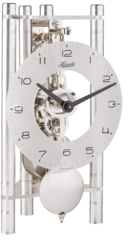 Hermle Orologio da tavolo a scheletro con colonne in alluminio anodizzato – Triangolo 23025-X40721, quadrante arabo, vetro, argento, fabbrica nichelata, 19,5 cm x 11 cm x 9 cm