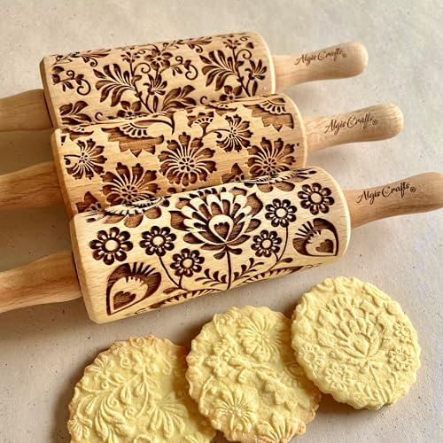 Flowers 3 Mini Rolling Pin Set with Damask, Folk and Floral Wreath Patterns. Wooden Laser Cut Mini Size Rolling Pins for Cookies Clay by Algis Crafts