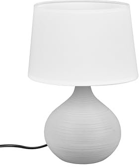 lightling Tischlampe Beate mit Keramikfuß in Grau und Schirm aus Stoff in Weiß, Nachttischlampe, Tischleuchte, Fuß aus Keramik, exkl. 1 x E14 max. 40W, Höhe: 29cm, Ø 20cm