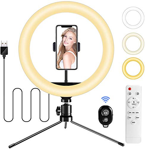 BESTOPE Ringlicht 10 Selfie Ringleuchte mit 2 Fernbedienungen 10 Farbtemperaturen 10 Helligkeitsstufen und 3 Farbe Tischringlicht mit Stativ und Handyhalter für YouTube Tiktok Selfie oder Makeup usw