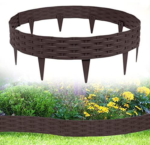 YARDIN Rasenkante Kunststoff Rattan Rund Beeteinfassung Beetumrandungen 10m Palisaden mit 10 Elemente á 100 cm (Braun)