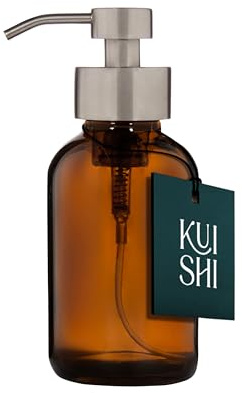 Kuishi Dispensador de jabón espumoso de vidrio ámbar de 500 ml con bomba de acero inoxidable plateado, sin BPA, protección UV, dispensador de líquido para lavado de manos y lavado para cocina y baño