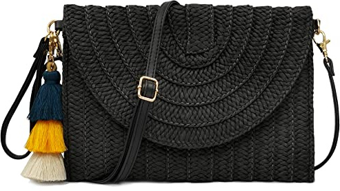Aovtero Sac à main en paille pour femme - Sac à bandoulière d'été - Sac à bandoulière - Sac à main pour la plage, noir, 11.22 inches