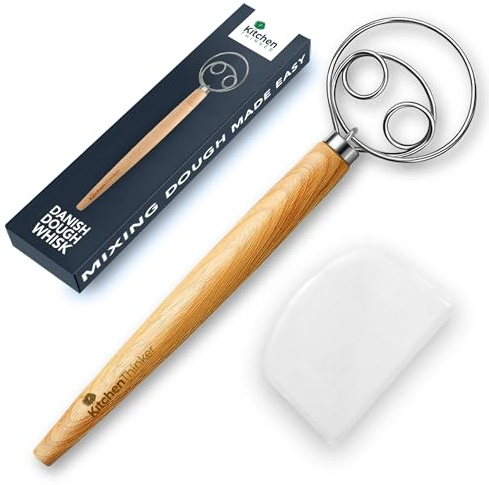 13 Inch Danish Dough Whisk with Dough Scraper, Dutch Bread Whisk with Stainless Steel Dough Hook, Sourdough Whisk for Baking, Bread Whisking Tool