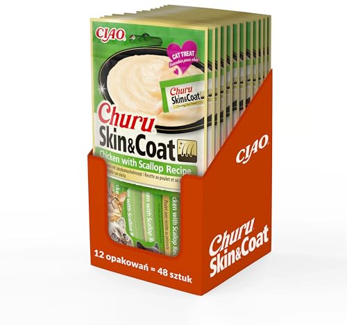 INABA Churu Skin & Coat - Pürierte Katzenleckerlis mit Huhn und Jakobsmuschel - Omega 3 & 6 und Taurin - Cremige Textur - Futter für Katzen, Haut & Fell - 48 Tuben x 14g