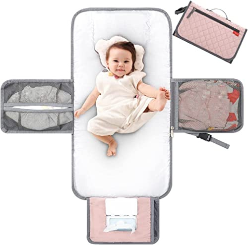 Lekebaby Wickelunterlage Wickelunterlage Tragbare Wickelunterlage Baby Reise Wickelunterlage mit Wischtasche,Gesteppt Rosa | mit Wischtasche und Kopfkissen, gesteppt pink