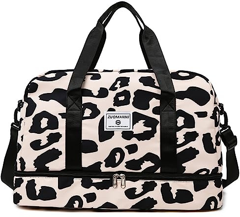 Vllcsla Borsa da Palestra Donna Grande, Borsa Sportiva con Scomparto Scarpe e Tasca Bagnata, Grande Capacità Borsa da Viaggio Duffel per Sport/Viaggi, 51x26x32 cm, Leopardata, Beige, A