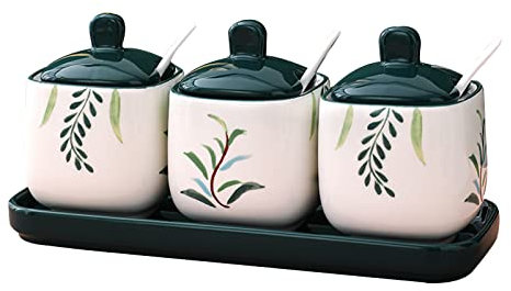 Azucarero De Estilo Europeo con Cuchara De Cerámica, Flores De Color Rosa Y Patrón De Hojas Verdes Contenedor De Azúcar, Frascos De Especias De Porcelana-Sakura Rosa-3 Juego De Frascos (Color : Green