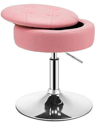 HOMASIS Runder Sitzhocker Schminkhocker mit Stauraum, höhenverstellbarer Ottomane 51-66 cm, 360° drehbarer Stuhl Arbeitshocker, Bürohocker Drehhocker aus PU mit Polsterung (Pink)
